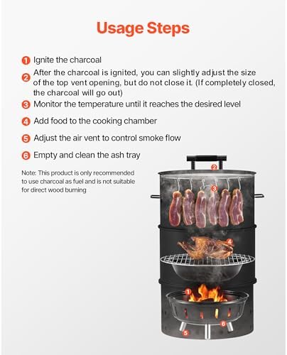 VEVOR Charcoal Smoker Grill, 18.5" Barrel Charcoal BBQ Smoker, Coated Steel Outdoor Barbecue Grill with 2 Grilling Grates, 1 Hanging Rod