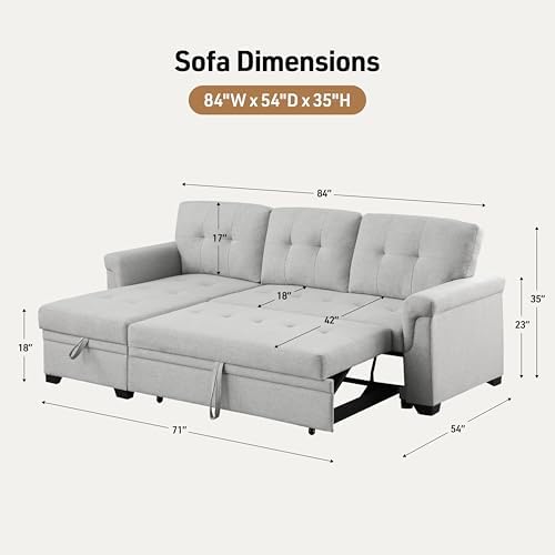 Lilola Home Convertible Sectional Sleeper Sofa Bed 84 Inch, L Shaped Couch with Pull Out Bed, Storage Chaise, Removable Back Cushions for Living Room, Office, Linen Fabric, Dark Gray
