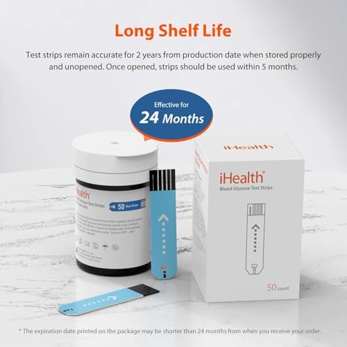 iHealth Blood Glucose Test Strips, 50 Count, No Coding, for iHealth Meters | Compatible with iHealth Meters Only, 0.7 µL Sample, 5-Second Results, Two-Vial Freshness, Blood Sugar Test Strips