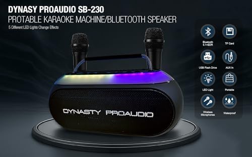 Dynasty ProAudio SB-230 Portable Bluetooth Speaker/Karaoke Machine with Two Wireless Microphones, Waterproof, Supports for USB, AUX, TF-Card