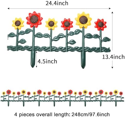 Sungmor Plastic Garden Picket Fence Edging, Sunflower Decor Lawn Flower Bed Border Panels, 4 Pack Total 98 Inches Length