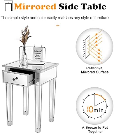VINGLI Mirrored End Table with Drawer Silver Modern Nightstand/Bedside/Accent Table for Small Space, Living Room, Bedroom, 15.7" L x 15.7" W x 24" H
