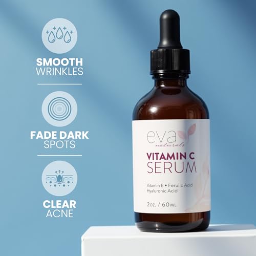 Eva Naturals Vitamin C Serum 20%, Hyaluronic & Ferulic Acid, 1 oz | Vitamin E, dark spots, acne, anti-aging, glow, even skin tone