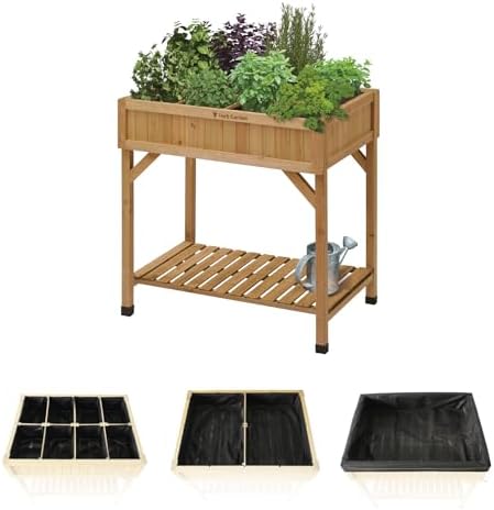 VegTrug Custom Herb Garden Planter Box, Natural Cedar Wood - Versatile Multi-Liner Raised Garden Bed with Storage Shelf for Patio