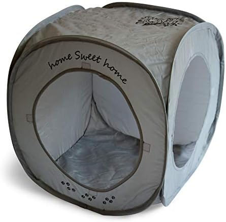 Home Sweet Home Pop Up Cat Cube. A Collapsible Indoor Cat House. Covered Pet Bed Hideaway Cave for Dogs and Other Pets Too. (Pop Up Cube- Gray)
