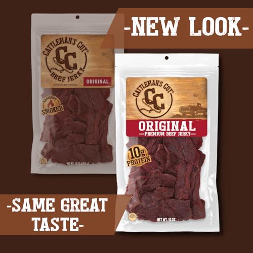 Cattleman's Cut Original Beef Jerky, Premium Marinated Steak High Protein Meat Snacks, Keto Friendly, Gluten Free, Carnivore Travel Snack, Resealable Bag, 10 Ounces