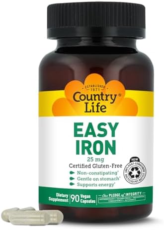 Country Life Easy Iron 25 mg with Ferrochel, 90 Capsules | Non-constipating and gentle on the stomach, Certified Gluten-Free, Vegan and Kosher Parve