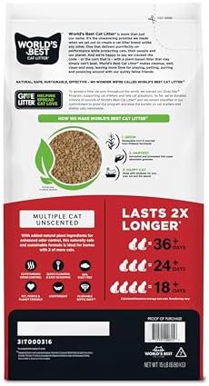 World's Best Cat Litter, Multiple Cat, Unscented, Lasts 2X Longer, 8 lb Bag | Controls tough multi-cat odors and lasts 2x longer; natural corn litter, quick clumping, flushable, 99% dust free