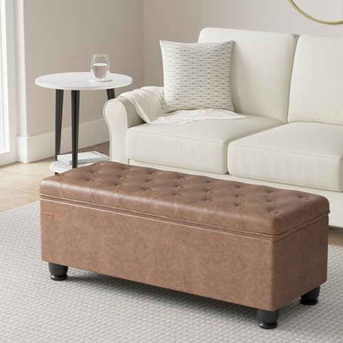 SONGMICS Storage Ottoman, 46.5 Inches Bedroom Bench, Solid Wood Legs