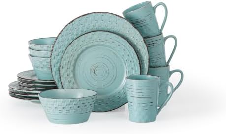 Lorren Home Trends Distressed Weave Dinnerware Set, Buttercup, 16 Piece | Service for 4