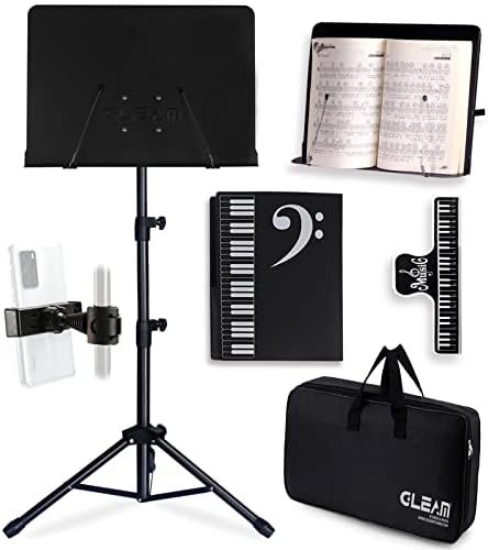 Sheet Music Stand - Full Metal with Carrying Bag, Phone Holder, Sheet Music Folder and Clip, 5 in 1 Desktop Book Stand - Black