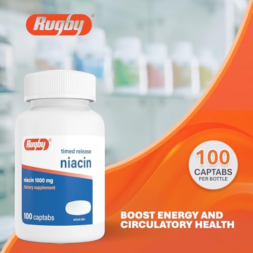 Rugby Timed-Release Niacin 1000mg Captabs for Adults, 100 Count (1-Pack) | Dietary Supplement for Energy, Circulation and Metabolism Support, Controlled Release to Help Minimize Flushing