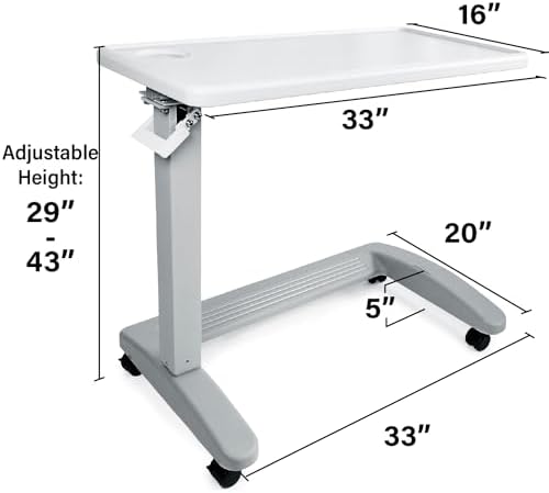 Vaunn Medical Adjustable Overbed Exam Bedside Table with Wheels (Hospital and Home Use), New Tabletop, Light Gray