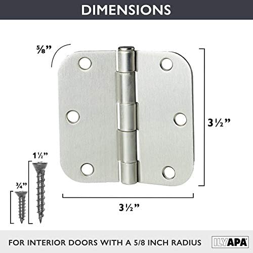 Ilyapa Door Hinges, 3.5x3.5 Inch - Satin Nickel, 18 Pack, Includes Mounting | 5/8 Inch Radius Corners, For Standard Interior Doors, Satin Nickel Finish, Screws