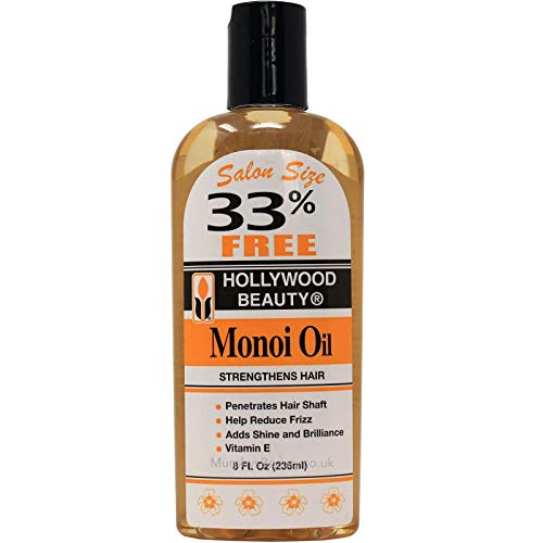 Hollywood Beauty Monoi Hair Oil, 8oz Bottle, Light Non-Greasy, Strengthens Hair and Skin, Reduces Frizz, Vitamin E, Adds Shine and Brilliance