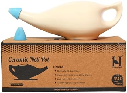 HealthGoodsIn Ceramic Neti Pot, Dishwasher Safe, Premium Handcrafted with 2 Silicone Nozzle and Salt for Sinus - 225 Ml. Capacity (Brown)