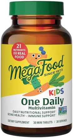 MegaFood Kids One Daily Multivitamin with 21 Key Nutrients, 60 Mini Tablets | Mini Multivitamin for Kids, Supports Immune, Cellular Energy, Teeth & Bone health, Non-GMO, Vegetarian, 60 Servings