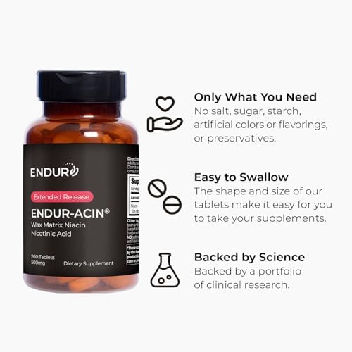 ENDUR-ACIN - Niacin B3 - ER (Extended Release) 500 mg (200 ct) | Nicotinic Acid Formula Supporting Healthy Heart & Cholesterol Balance with