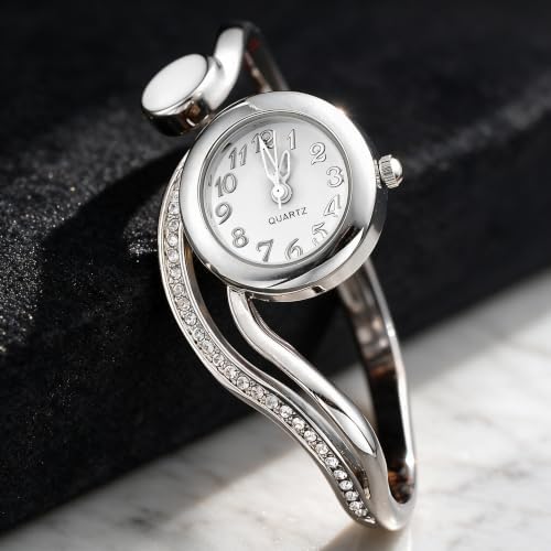 Top Plaza Women Casual Elegant Silver Tone Small Dial Bangle Cuff Bracelet Dress Analog Quartz Watch 6 Inches