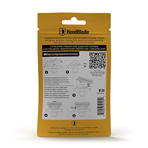 HeadBlade Men's HB4 Refill Shaving Razor Blades. Stainless Steel Blades for No Tugging or Pulling, Shave Less, Works for Face, Body, and Scalp (Pack of 1)