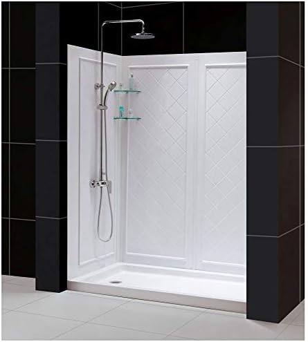 DreamLine 32 in. D x 60 in. W x 76 3/4 in. H Left Drain Acrylic Shower Base and QWALL-5 Backwall Kit In White, DL-6190L-01