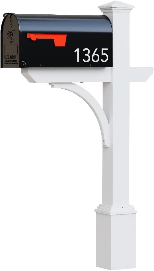 Argonne White Post & Black Mailbox (Large) | Personal curbside mailbox system features a large black aluminum mailbox, sturdy white square post, and custom house numbers.