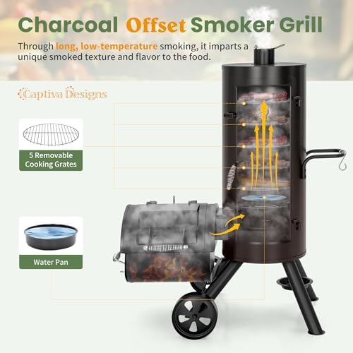 Captiva Designs Vertical Charcoal Smoker Grill Extra Large Barbecue Grill | 961 SQ.IN Outdoor Barrel BBQ Meat Smoker with 5 Removable Smoking Grates & Built-in Hooks for Outdoor Backyard Cooking