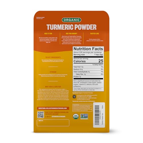 FGO Organic Turmeric Powder w/Curcumin, 8oz Resealable Pouch, USDA Organic and Non-GMO, Sourced from India, Packaging May Vary (Pack of 1)