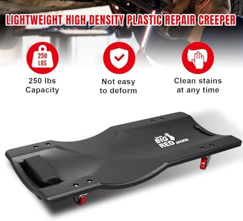BIG RED 36" Rolling Garage Creeper, Shop Creeper Blow Molded Plastic Mechanic Cart with Padded Headrest with 4 Casters,350 LBS, Black,TR6240-P Torin