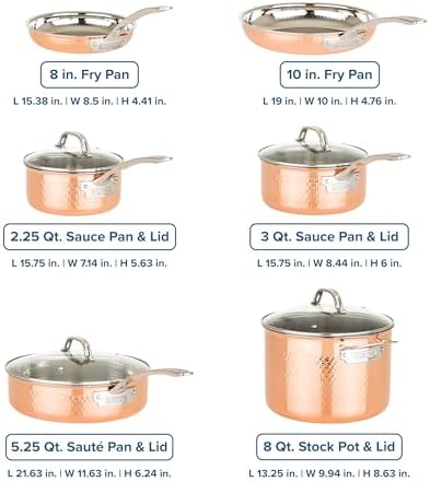 Viking 3-Ply Pots and Pans Set, 10 Piece Copper Kitchen Cookware with Glass Lids, Hammered Copper