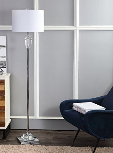 JONATHAN Y Aria 63" Faceted Crystal Metal LED Floor Lamp, Clear/Chrome | Contemporary Glam Style, White Linen Drum Shade, Rotary Switch, 72" Silk Cord