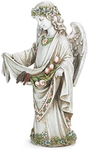 Roman Josephs Studio Inspirational Girl Angel Wearing Floral Trimmed Gown with Birds Garden Statue, 16.5-Inch