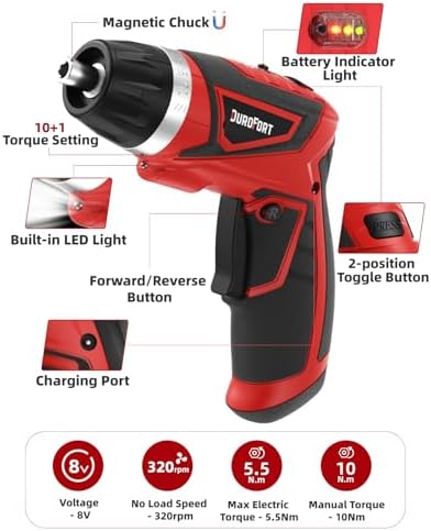 Cordless Electric Screwdriver Set, 8V 10Nm Rechargeable Power Electric Drill, Battery Screw Gun with Driver Bit, 320RPM/10+1 Torque, 2 Position Handle, Flexible Shaft LED Light (Red, 28Pcs)