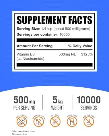 BulkSupplements.com Niacinamide Powder - Vitamin B3 Powder, Niacinamide Supplement, Niacinamide 500mg - B3 Vitamins for Skin, Gluten Free, 500mg per Serving, 1kg (2.2 lbs) (Pack of 1)