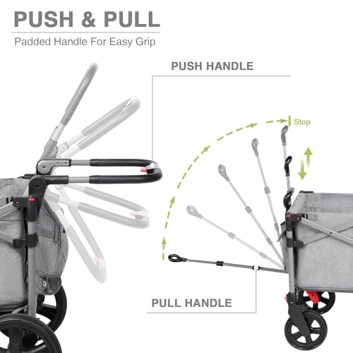 EVER ADVANCED Foldable Wagons for Two Kids & Cargo, Collapsible Folding Stroller with Adjustable Handle Bar,Removable Canopy with 5-Point Harness Gray