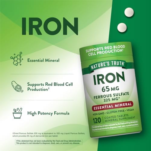 Nature's Truth Iron Supplement | 65mg | 120 Tablets | 325mg Ferrous Sulfate | Vegan, Non-GMO & Gluten Free Pills