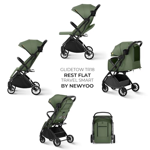newyoo GlideTow TR18 Travel Stroller, Compact & Lightweight, Muted Olive | Newborn to toddler, foldable, self-standing design, 175° near-flat recline, large mesh window, trolley mode & UPF 50+ canopy