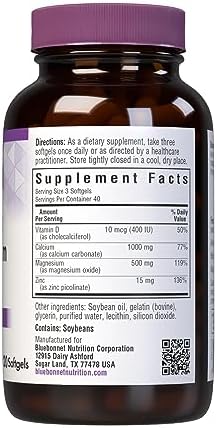 Bluebonnet Nutrition Calcium Magnesium Zinc Plus Vitamin D3, 1000 mg of Calcium, 500 mg of Magnesium and 15 mg of Zinc, 400IU Vitamin D3, For Strong Healthy Bones*, Gluten-Free, Dairy-Fee, 120 softgel | Third-party tested for purity and potency; manufact…
