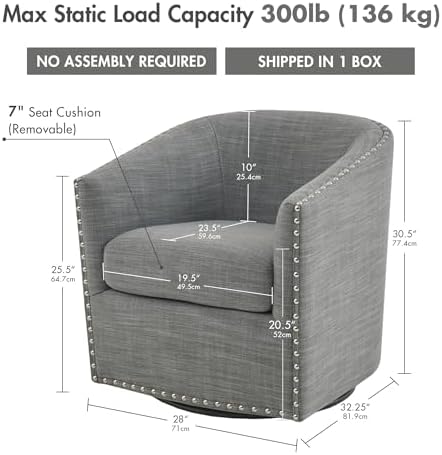 Madison Park Swivel Barrel Accent Chair, Upholstered Curved Back with 7-Inch Thick Woven Cushion, 360° Swivel, Nailhead Trim, Comfy Chair for Living Room, Bedroom, Office, 28" Wide, Neutral, Tyler