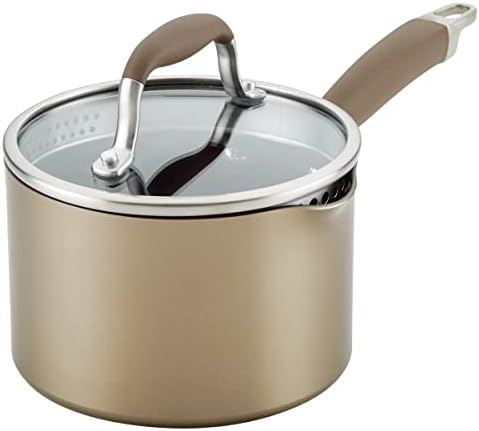 Anolon Advanced Home Hard Anodized Nonstick Sauce Pan/Saucepan with Straining and Lid, 2 Quart (2 Qt Straining Saucepan, Bronze)