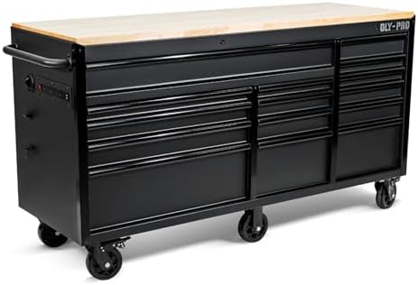 Olympia Tools 72 inch Heavy Duty Mobile Tool Chest Tool Box, with Solid Wood Top Workbench, 15-Drawer Rolling Tool Chest, Tool Storage Organizer for Garage, Workshop, and Home, Black