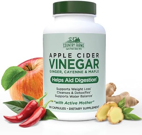 Country Farms Apple Cider Vinegar Capsules, with Ginger, Cayenne and Maple, Helps Aid Digestion, Supports Healthy Weight Loss, Cleanses and Detoxifies