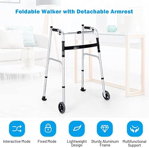 Goplus Walkers for Seniors, Foldable Standard Walker with 5’’ Wheels and Removable Padded Armrests 220lbs, Lightweight Walking Mobility Aid
