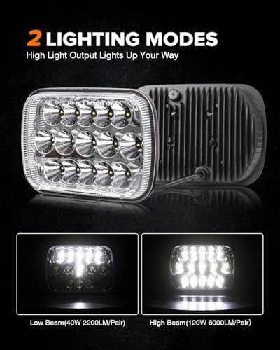 BICYACO 1 Pair 105W Rectangular 5x7/ 6x7 Inch Led Headlight High Low Beam Headlamp Compatible with Jeep Wrangler YJ Cherokee XJ Kenworth T300 1997-2010 Replacement H6054 H5054 H6054LL 69822 6052 6053