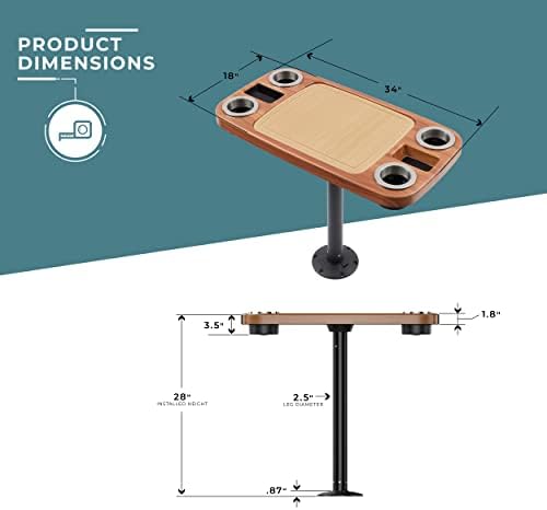 Manufacturers' Select ITC Boat Table Set - 18"x34" Removable Pontoon Boat Table with Center Non-Slip Mat, Pedestal Leg, 4 Drink Holders