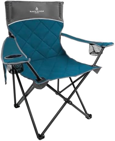 Black Sierra Quilted Padded Camping Chair, Oversized Heavy Duty Outdoor Lounge Seat Supports 300 lbs, Portable, Folding with Cup Holder for Beach, Tailgating, Sports, Patio
