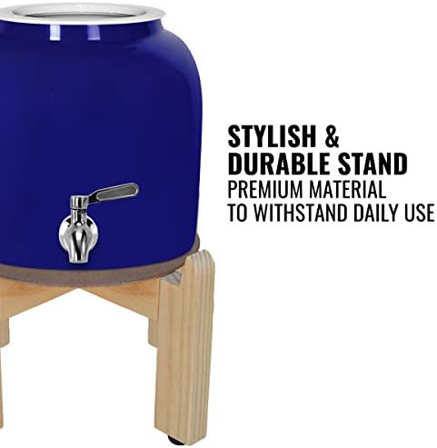 Geo Sports Porcelain Ceramic Crock Water Dispenser, 8 Inch Wood Stand, Stainless Steel Faucet, Valve Included. Fits 3 to 5 Gallon Jugs. (Blue)
