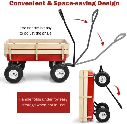 ReunionG Garden Cart with Free-Rotating Wood Railing, Kids Outdoor Wagon with Rubber Wheels, All Terrain Cargo Wagon with 330lbs Weight Capacity, Red