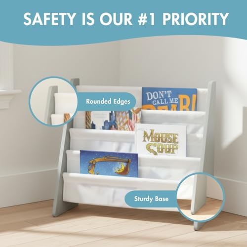 Humble Crew Kids Bookshelf, Montessori Front Facing Toddler Bookcase 4 Tier | Book display rack and reading nook organizer, nylon pockets show covers face out, compact for any playroom or bedroom space