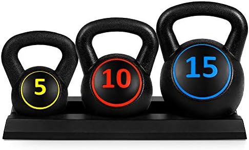 Best Choice Products 3-Piece Kettlebell Set with Storage Rack, HDPE Coated Exercise Fitness Concrete Weights for Home Gym, Strength Training
